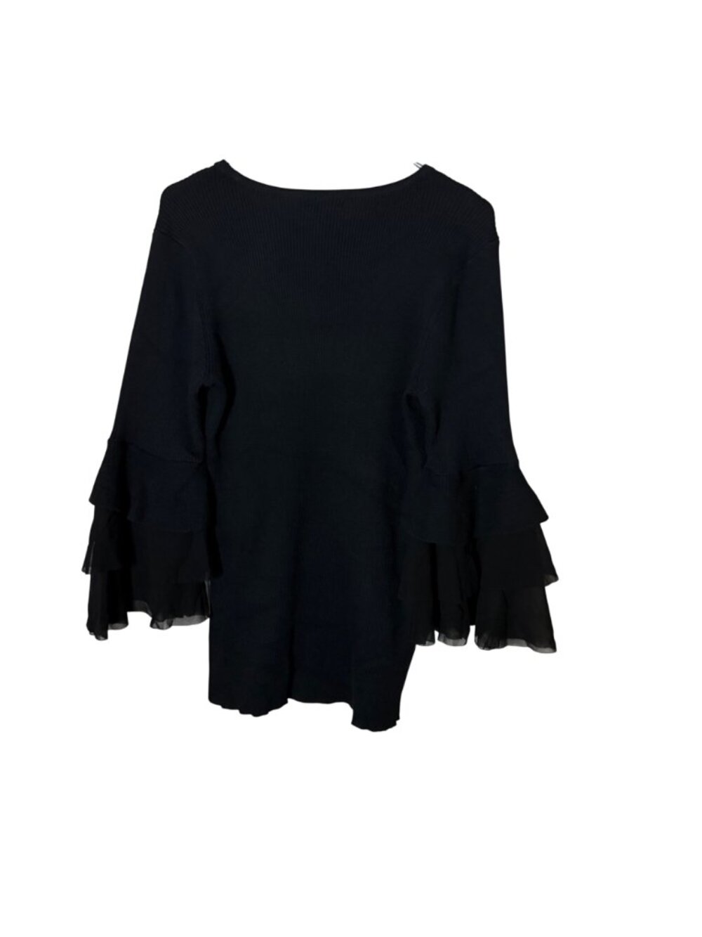 Design History XXL Black Ribbed Knit Top Tiered Ruffle Bell Sleeve Blouse Dressy - Picture 3 of 8